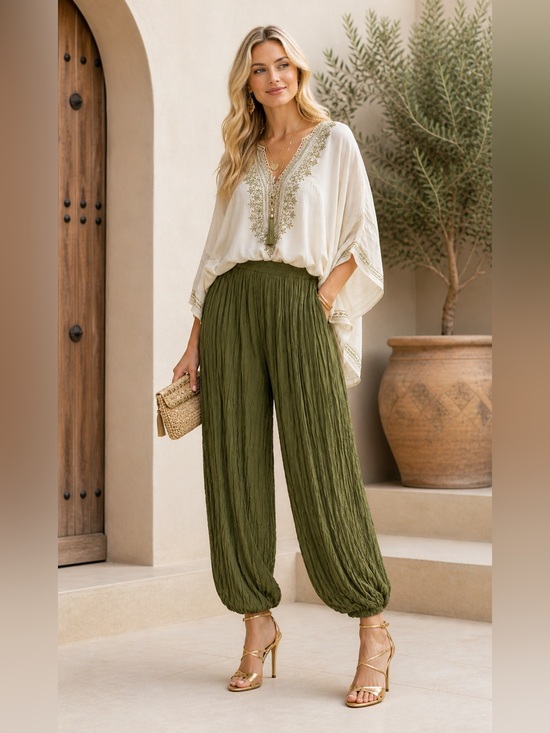 Source Unknown Pants - 🛍️SALE🛍️ Women’s Boho Olive Green Wide-Leg Crinkle Pants Palazzo Harem Pants